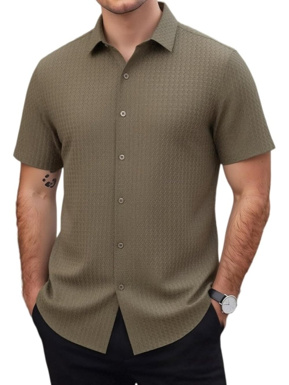 Men's Coffee Bubble Button Down Shirt 8-Way Stretch Wrinkle Free Casual